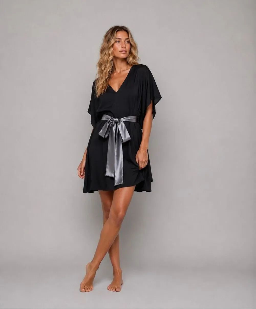 NWT Beach Bunny All Tied Up Black Lounge Cover Up Dress Kimono Sleeve Satin Belt